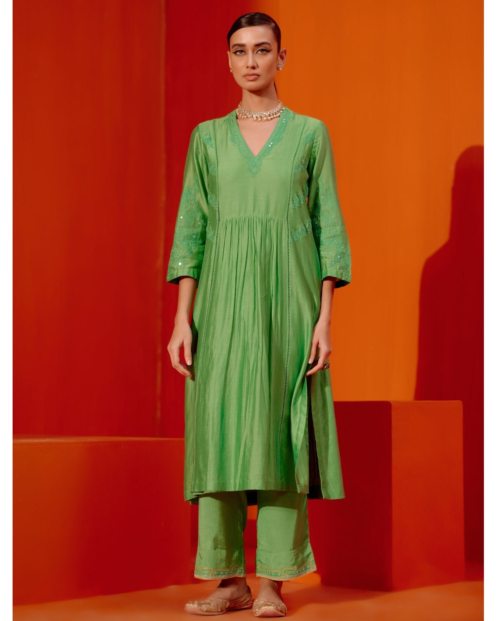 Crisp Green Solid Gathered Waist Cotton Kurta Set (Set of 3) | Indian  women, Fashion, Women shopping